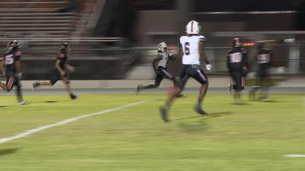 A Palm Beach Central player dashes toward the endzone against John I. Leonard in a game played Sept. 29, 2023.