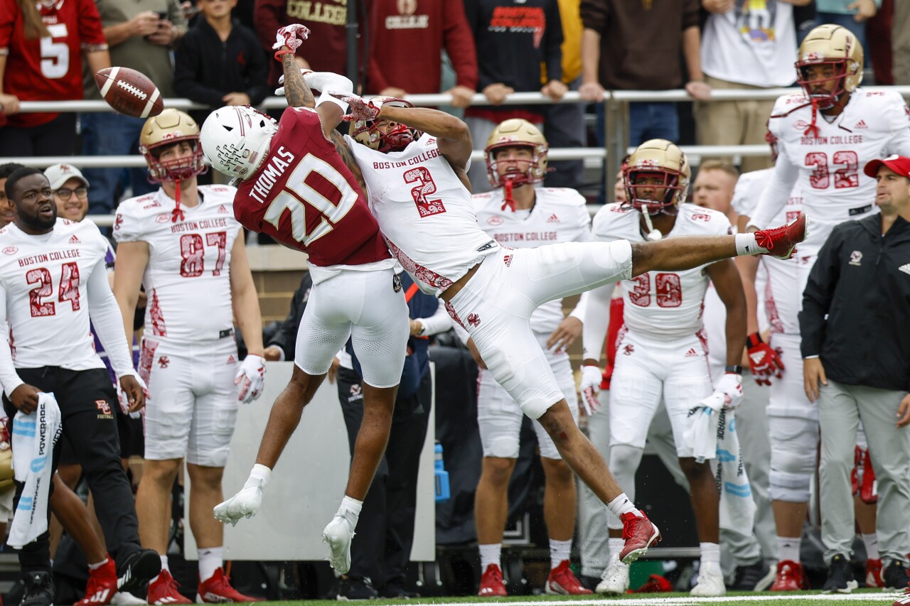 Florida State Seminoles cornerback Azareye'h Thomas breaks up pass intended for Boston College Eagles receiver Joseph Griffin Jr. in first half, Sept. 16, 2023