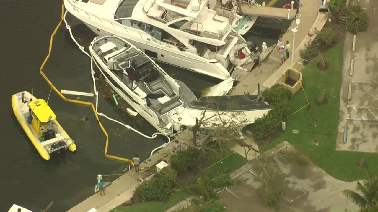 Chopper 5 view of boat overturned on land day after tornado in North Palm Beach, April 30, 2023