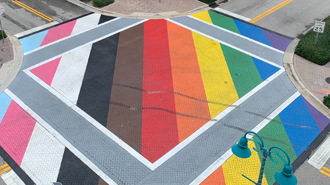A vandalized LGBTQ Pride intersection and crosswalk at Northeast First Street and Northeast Second Avenue in Delray Beach on June 17, 2021.jpg