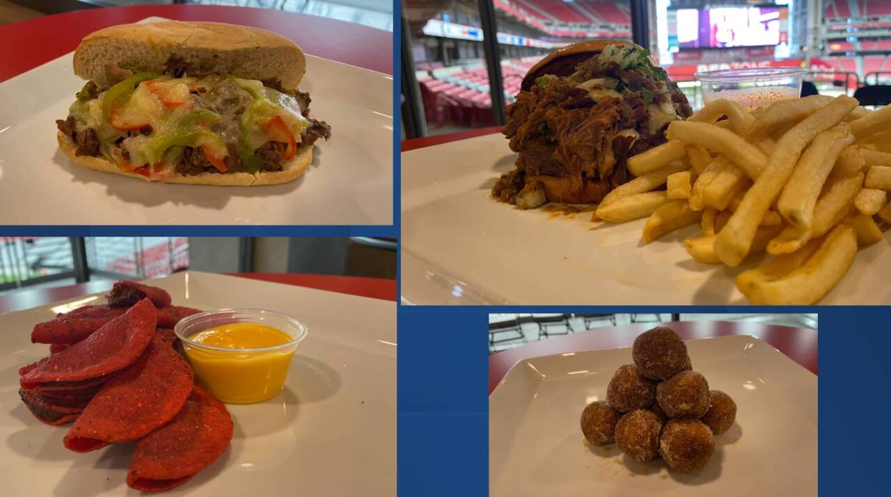 Top, left to right: Craft cheesesteak sandwich, Quesabirria Burger.
Bottom: Big Red’s/mini tacos, Fresh Donut holes.