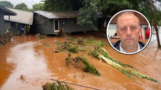 This combination of photos shows Hawaii Gov. Josh Green and the view of a storm-damaged home in flood waters.