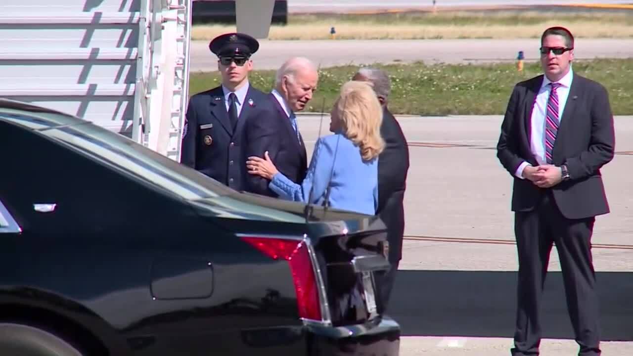 President Joe Biden speaks on tarmac at Palm Beach International Airport with Palm Beach County Commissioner Maria Sachs and West Palm Beach Mayor Keith James, Jan. 30, 2024