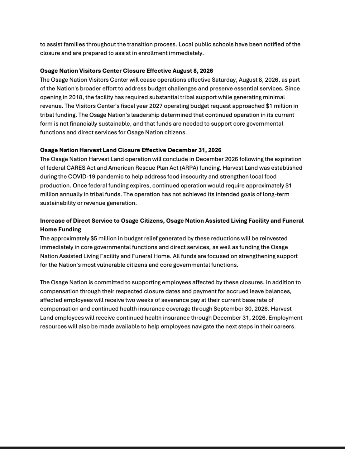 Osage Nation Statement