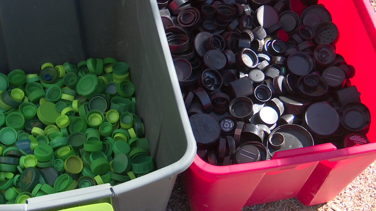 Thousands of bottle caps are sorted into colors at the mural inside Tucson Botanical Gardens.