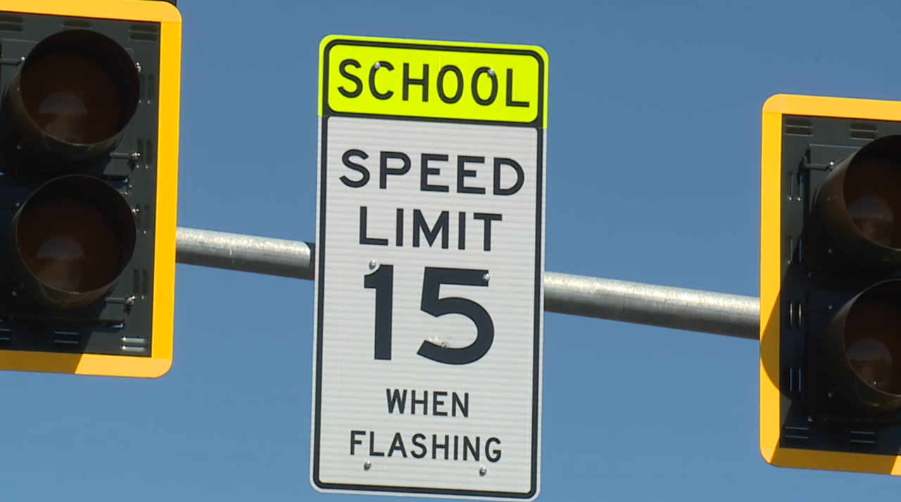 Speed limit, traffic light, school zone