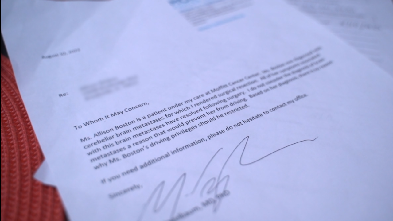 Letter from Boston's doctor saying he sees no reason for FLHSMV to suspend or revoke her license.