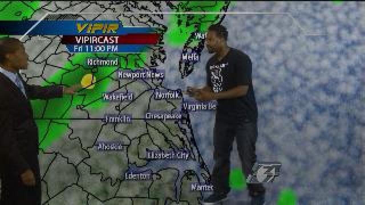 Shawn Wayans helps Dominic Brown give the weather forecast