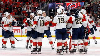 Florida Panthers celebrate their 1-0 win over the Carolina Hurricanes following an NHL hockey game in Raleigh, N.C., Tuesday, Sept. 29, 2026.