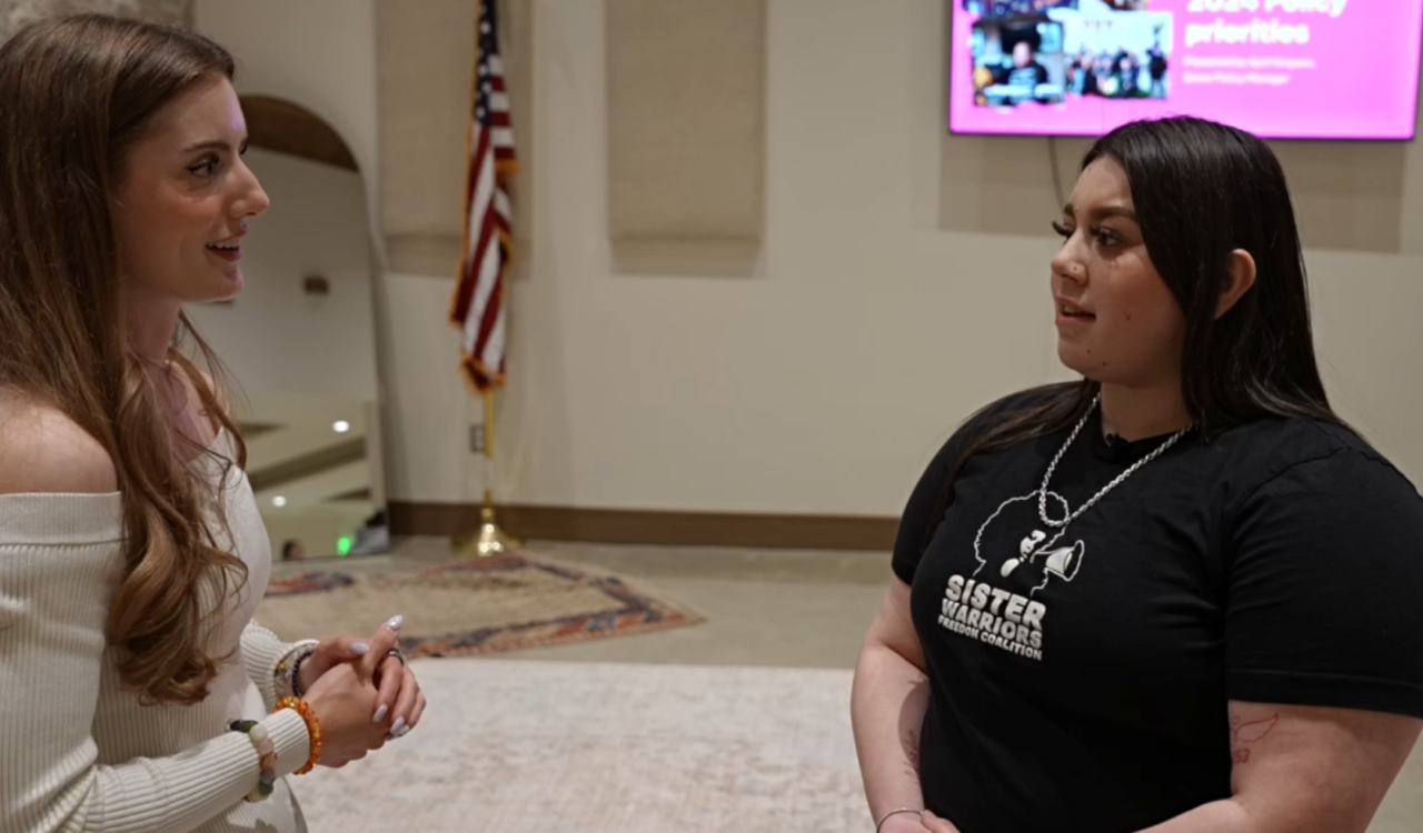 Neighborhood News Reporter Grace Laverriere interviewing Lizet Alvarez, a member of the Tehachapi chapter of Sister Warriors Freedom Coalition