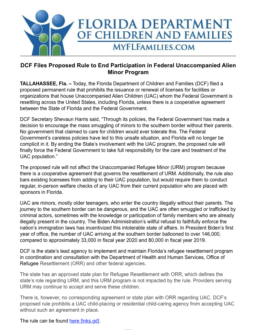 DCF news release, Feb. 10, 2022, DCF Files Proposed Rule to End Participation in Federal Unaccompanied Minor Program
