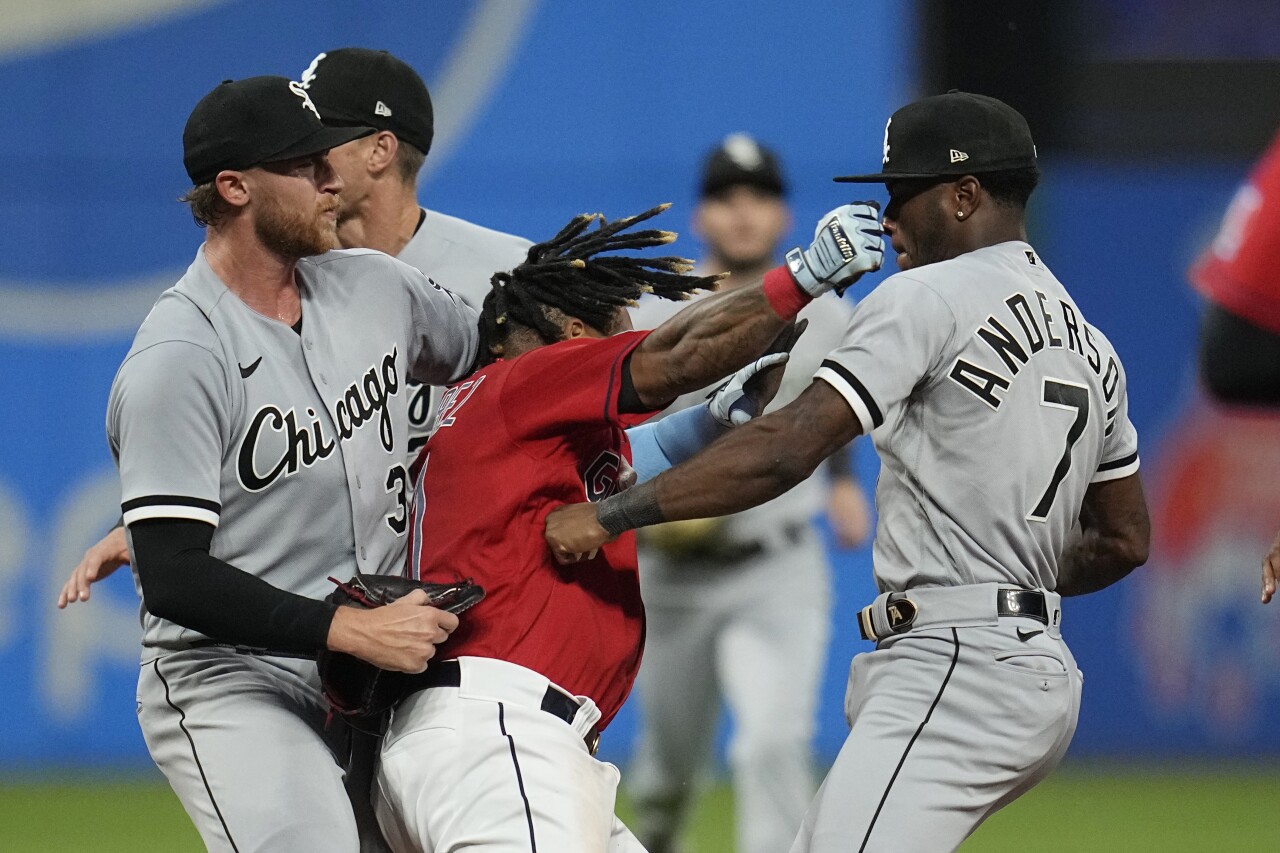 Cleveland Guardians third baseman Jose Ramirez and Chicago White Sox shortstop Tim Anderson exchange punches, Aug. 5, 2023