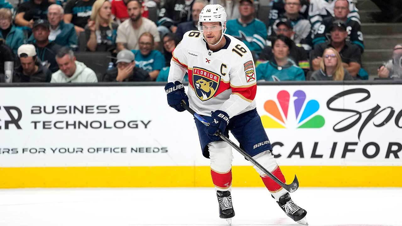 Florida Panthers center Aleksander Barkov skates against the San Jose Sharks during a NHL hockey game in San Jose, Calif., Thursday, Oct. 1, 2026. (AP Photo/Tony Avelar)