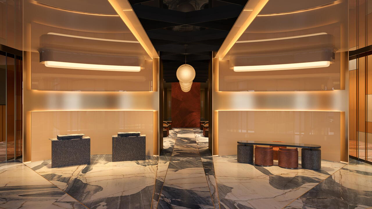 A rendering shows the future W Cleveland hotel lobby at Erieview Tower. There will be separate elevator banks and entrance points for hotel guests, apartment tenants and office workers in the building.