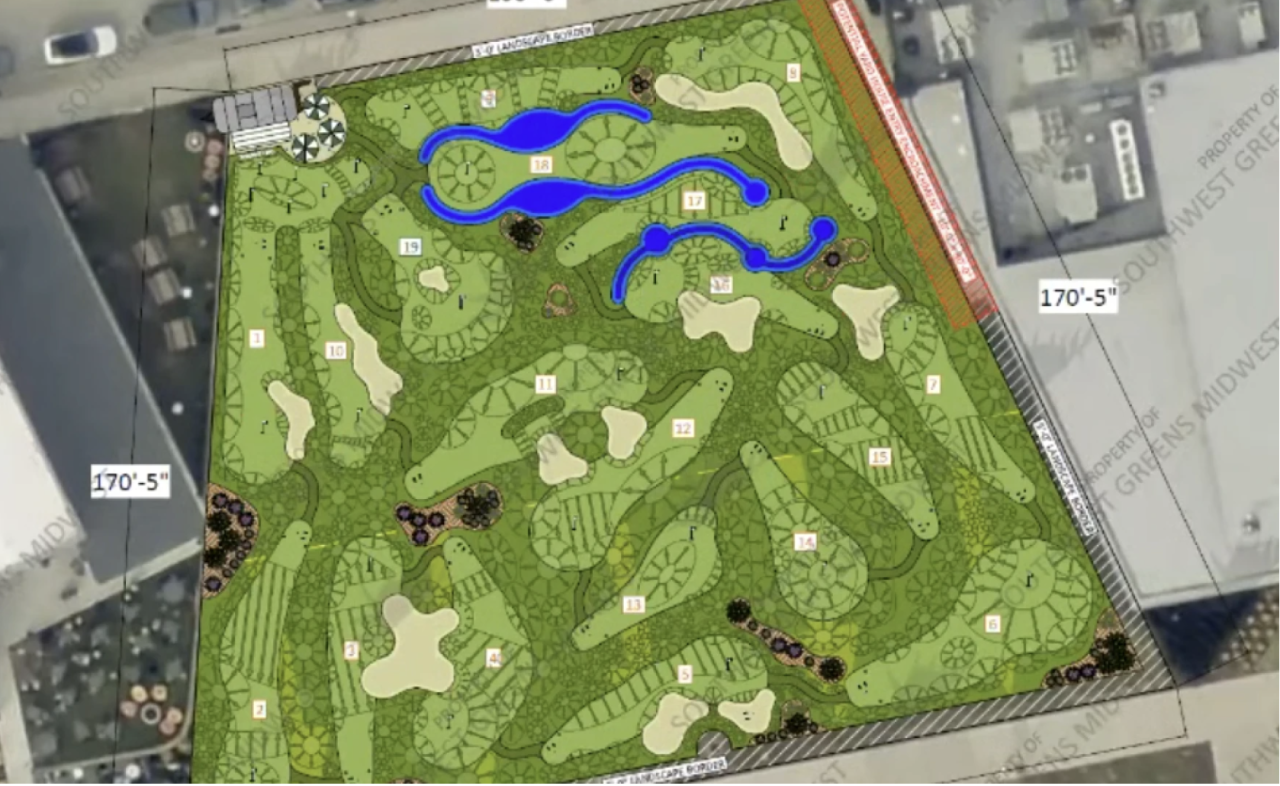 A rendering of the proposed mini-golf course at The Banks, set to open in November 2026.