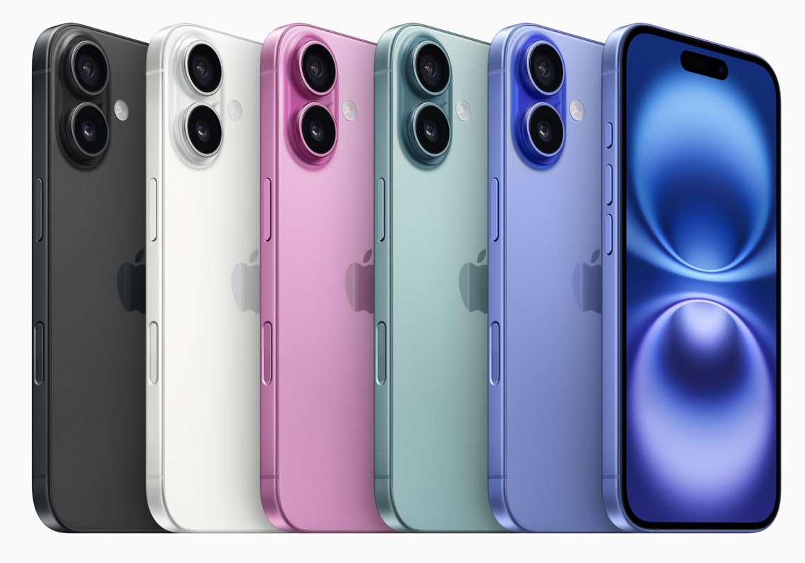 This photo provided by Apple shows its lineup of new iPhone 16 smartphones.