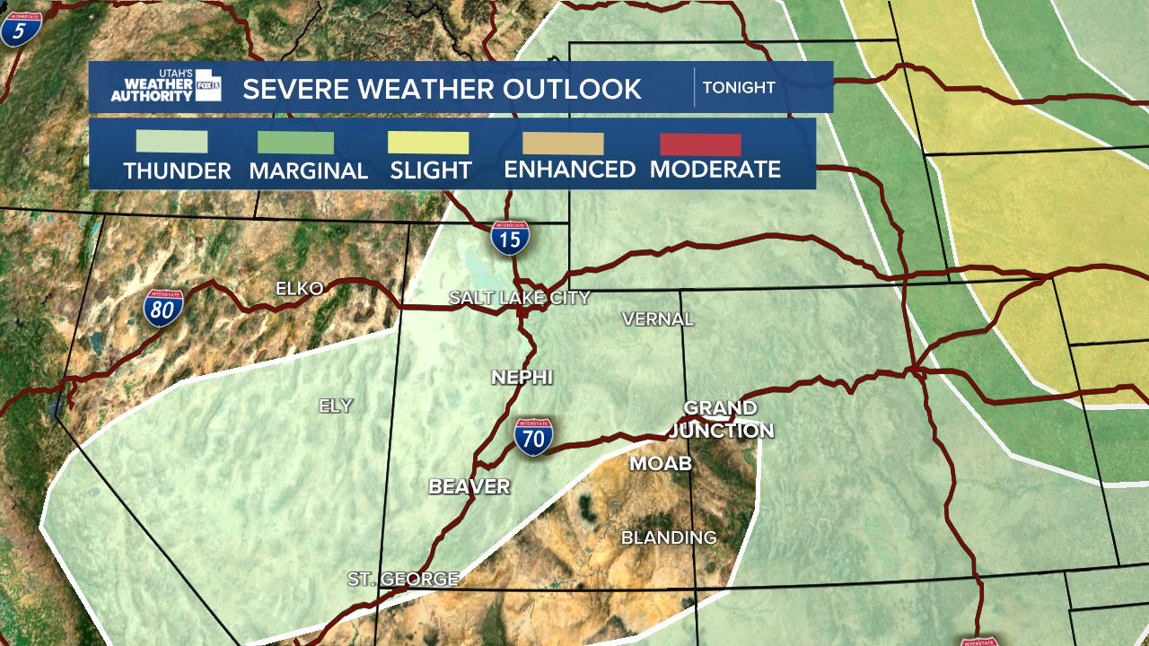 Graphics generated at the FOX 13 Weather Center showing a map of Utah and surrounding states. Sections are colored green to indicate the possibility of thunder, covering most of Utah, with the section showing Moab and Blanding uncovered.