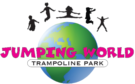 Logo for Jumping World Trampoline Park, showing several children jumping above a globe.