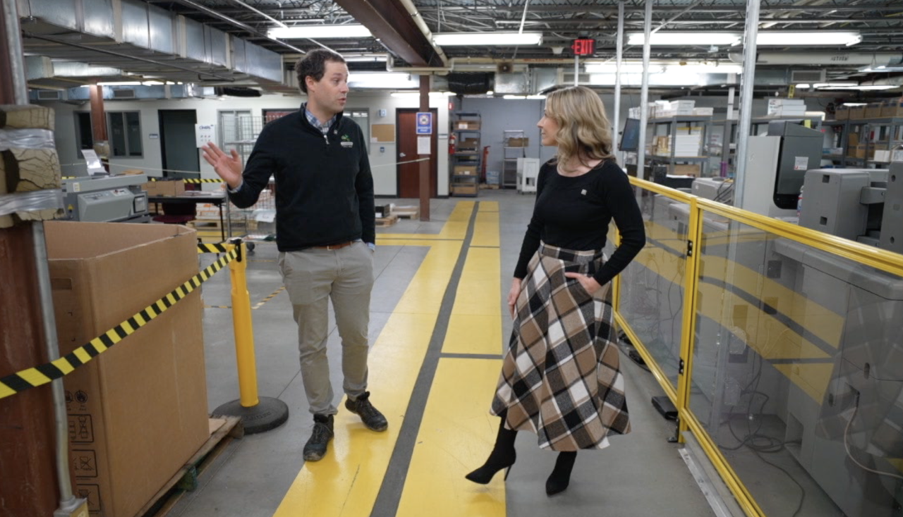 Jen talking to Samuel Foulkes, Clovernook Center
