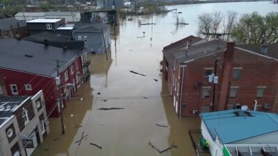 Aurora, Indiana under Ohio River floodwaters April 6 2025