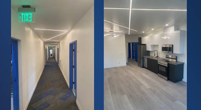 Rainbow Road complex hallway and apartment interior.