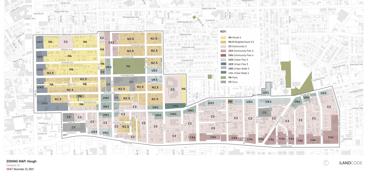 A map shows the pilot area of Hough for the city's form-based code project.