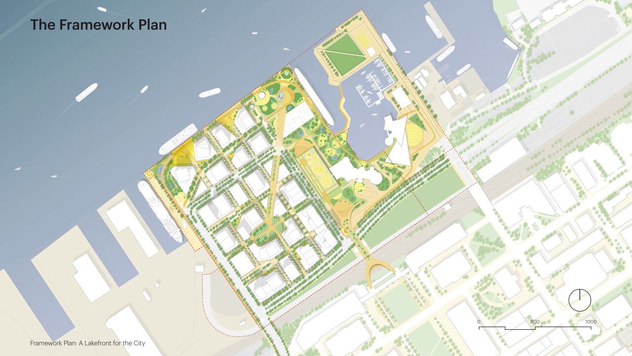This image shows the potential layout for a roughly 50-acre stretch of the downtown Cleveland lakefront, including the land where Huntington Bank Field now sits. The green spaces and main roads are fixed, but building footprints and other details are conceptual.