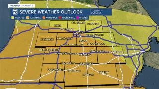 Slight risk of scattered severe thunderstorms across our neighborhoods Tuesday night with all severe impacts on the table