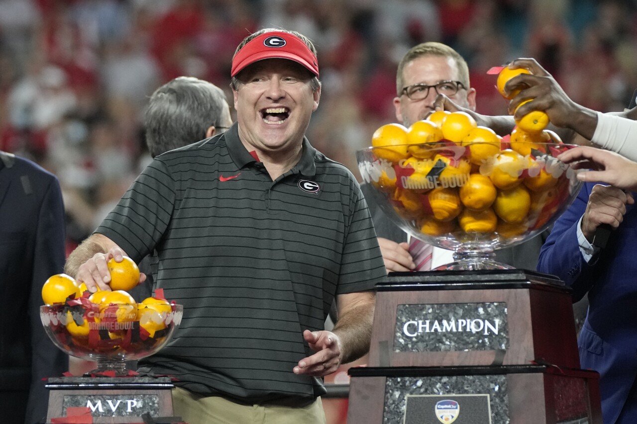 Georgia Bulldogs head coach Kirby Smart celebrates College Football Playoff semifinal at Orange Bowl victory