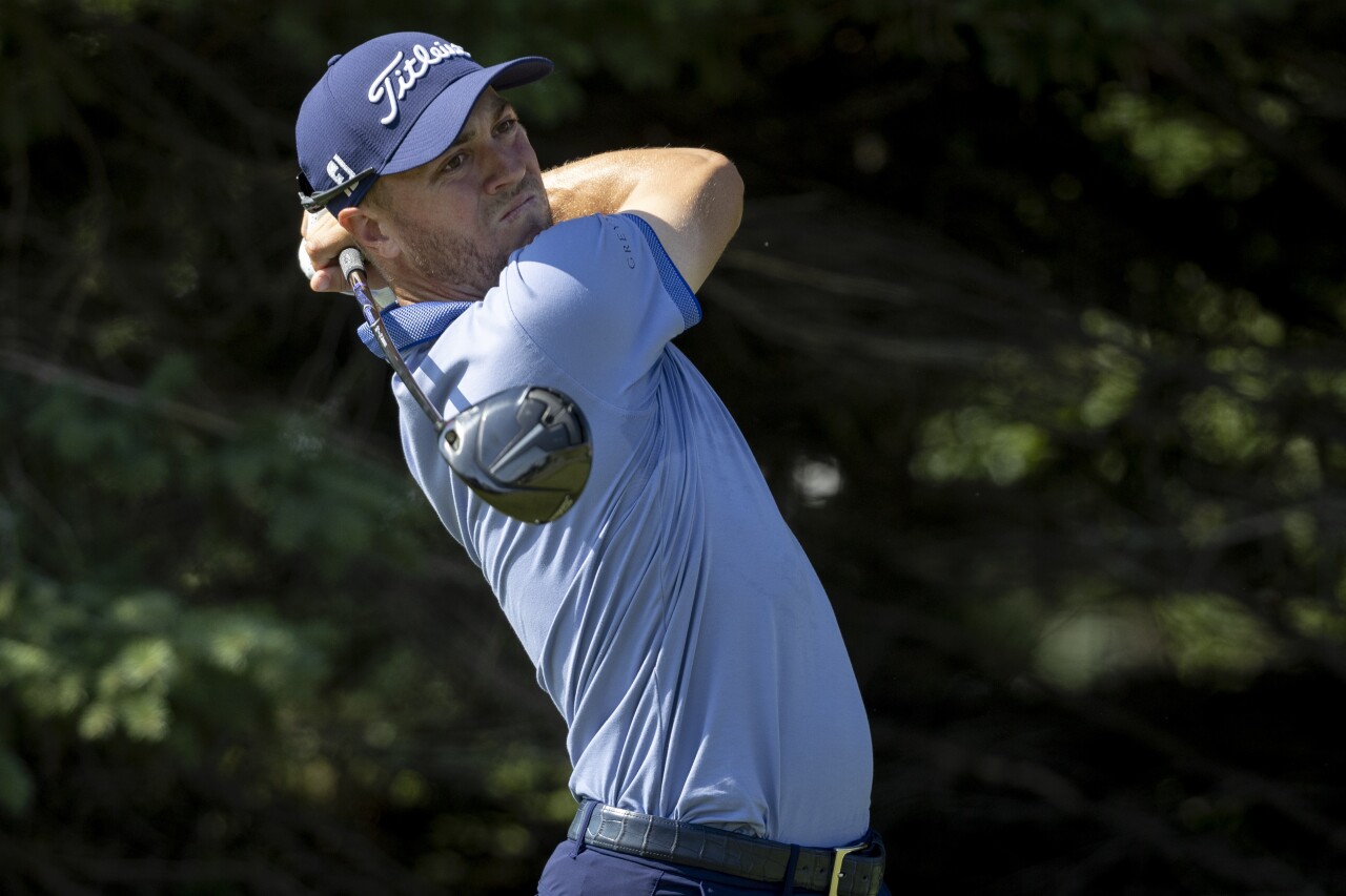 Justin Thomas tees off on second hole during second round of 3M Open, July 28, 2023