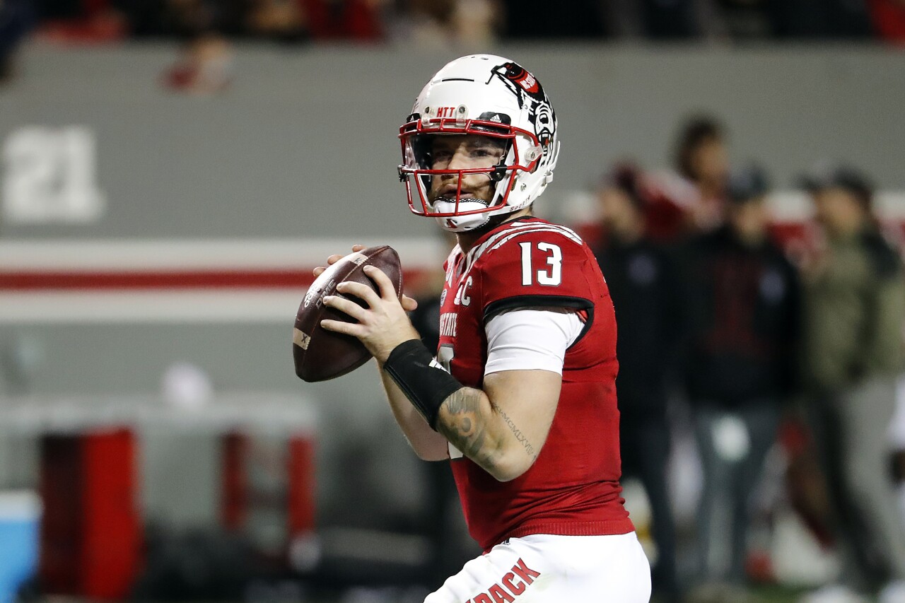 NC State Wolfpack QB Devin Leary prepares to throw, Nov. 20, 2021