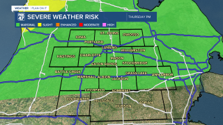 Marginal risk for isolated severe storms Thursday for almost our entire area with damaging winds and hail as main threats