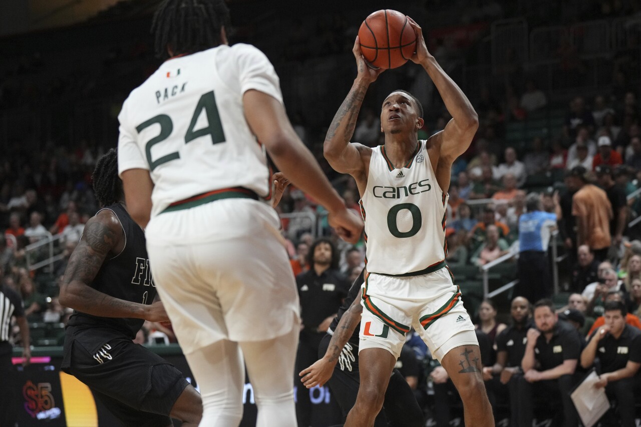 Miami Hurricanes guard Matthew Cleveland shoots vs. FIU Panthers, Nov. 13, 2023