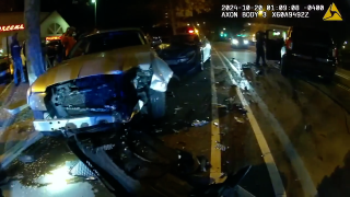 An Akron police officer was found to be at fault for an accident in Highland Square that smashed up four cars, and a department investigation revealed he violated policy.