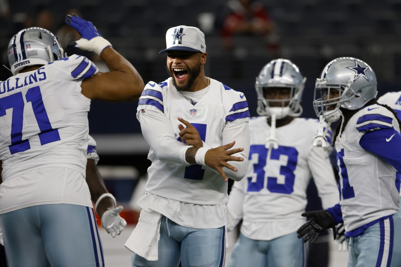 Dallas Cowboys QB Dak Prescott celebrates before 2021 preseason game