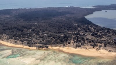 volcanic ash covers roof tops and vegetation in an area of Tonga