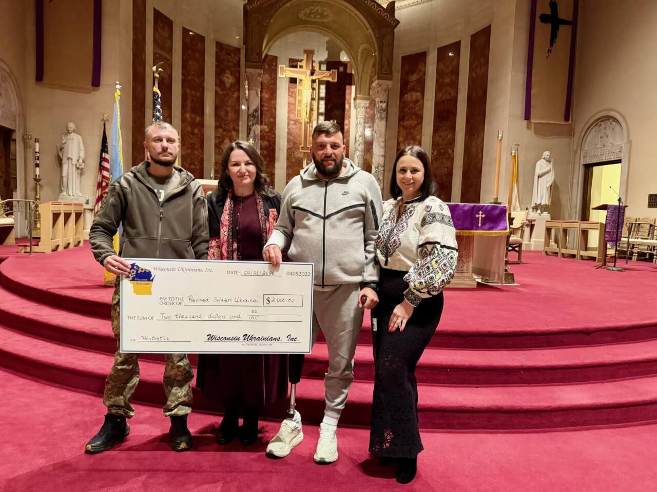 Wisconsin Ukrainians, Inc. presents a $2,000 donation to Revived Soldiers Ukraine at Unbroken - A Benefit Concert for Ukraine at Saint Robert Catholic Church in Shorewood on Sunday, Feb. 22, 2026.