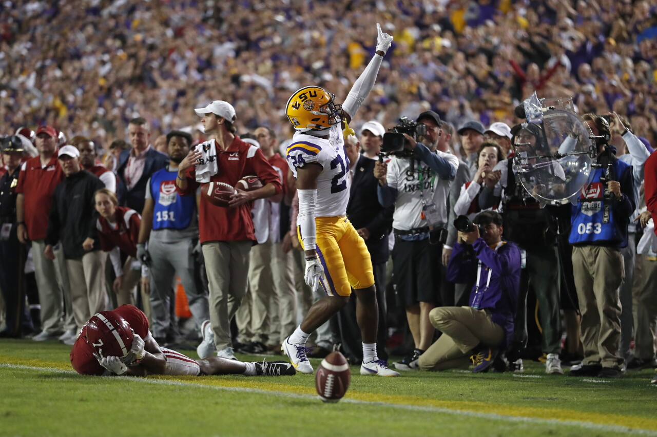LSU Tigers cornerback Jarrick Bernard-Converse celebrates after play in front of Alabama Crimson Tide receiver Ja'Corey Brooks, Nov. 5, 2022