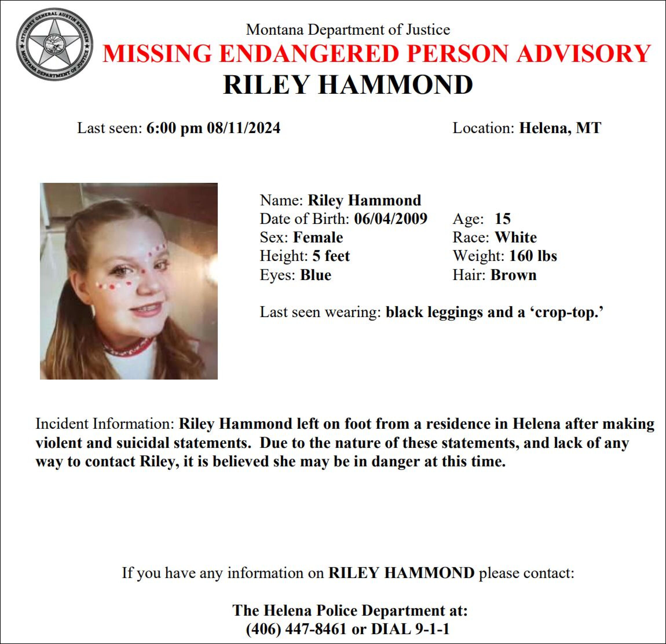 Missing-Endangered Person Advisory for Helena teen