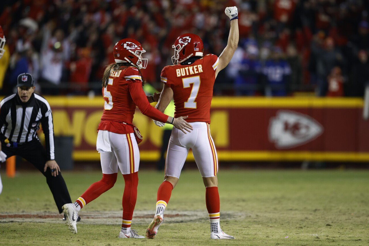 Kansas City Chiefs kicker Harris Butker celebrates after 49-yard FG vs. Buffalo Bills in AFC divisional playoff game, Jan. 23, 2022