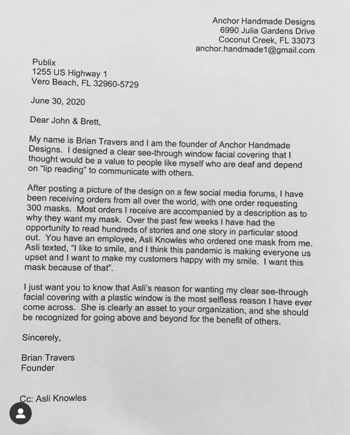 Brian Travers' letter to Publix praising Asli Knowles.