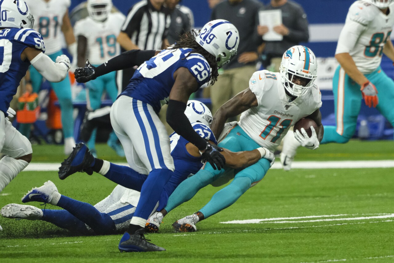 Miami Dolphins receiver DeVonte Parker tackled by Indianapolis Colts in 2019