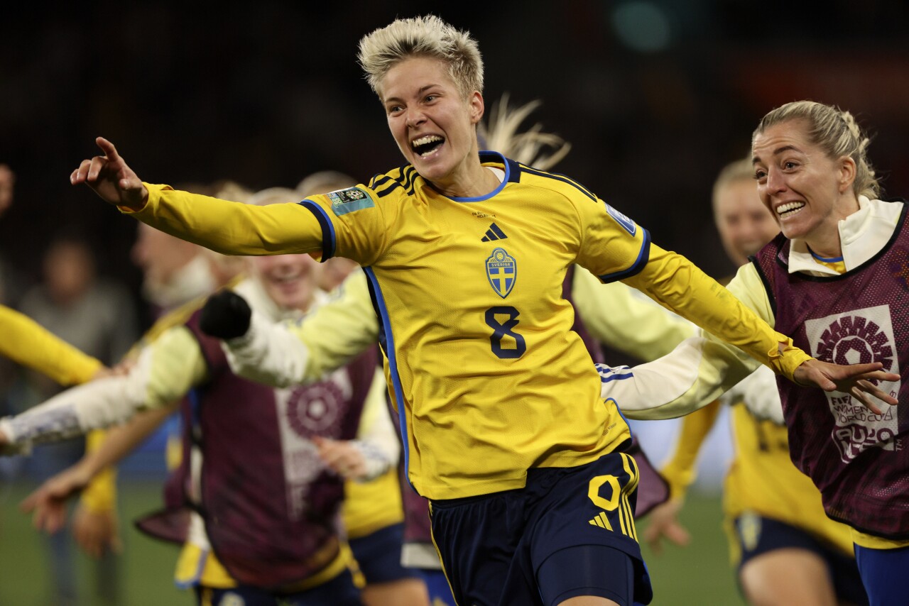 Sweden's Lina Hurtig celebrates after penalty shootout with US in Women's World Cup, Aug. 6, 2023