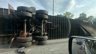 A flipped over semi truck