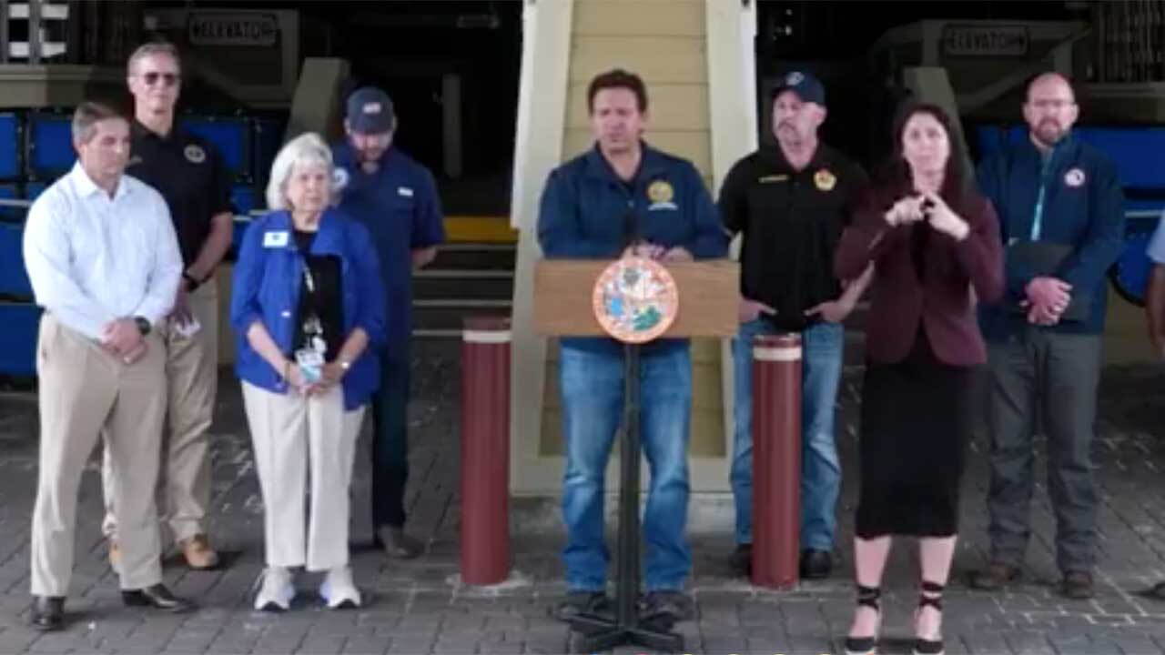 Gov. Ron DeSantis holds a news conference in Destin, Florida, on Oct. 10, 2026, after Hurricane Isaias made landfall.