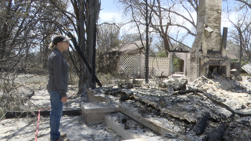 Liz Roy looks at the remainder of her neighbor's house that burned down in the Williams Fire.
