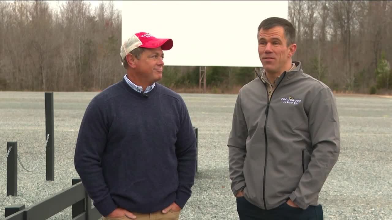 John Heidel (left) and James Munsey at the Goochland Drive-In Theater in March 2026
