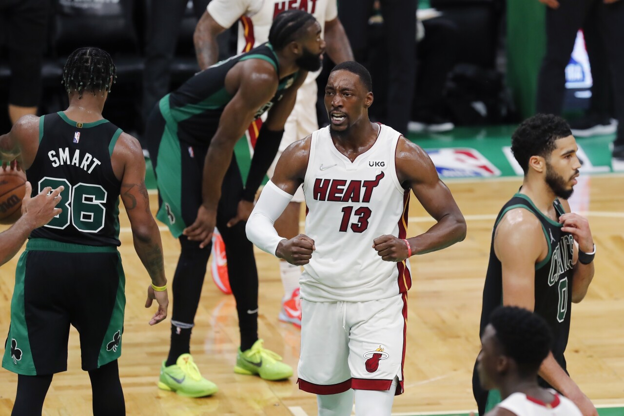 Miami Heat center Bam Adebayo celebrates vs. Boston Celtics, May 27, 2022