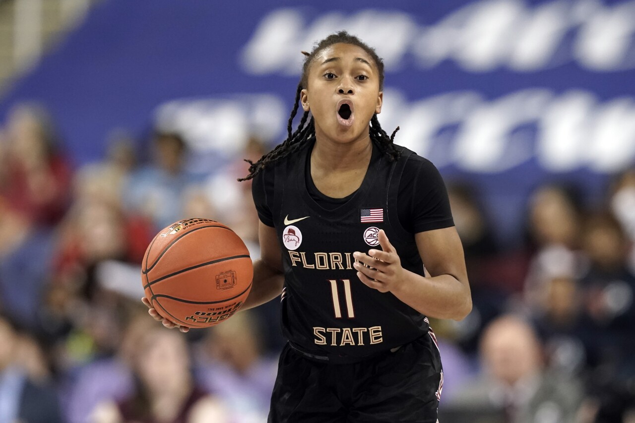 Florida State Seminoles guard O'Mariah Gordon dribbles in 2022 ACC basketball tournament