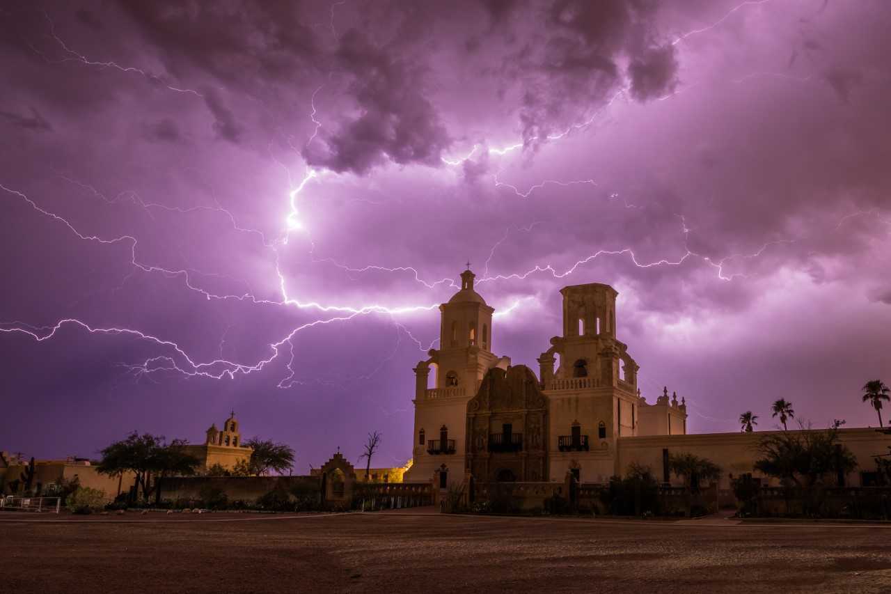 Monsoon lighting over San Xavier